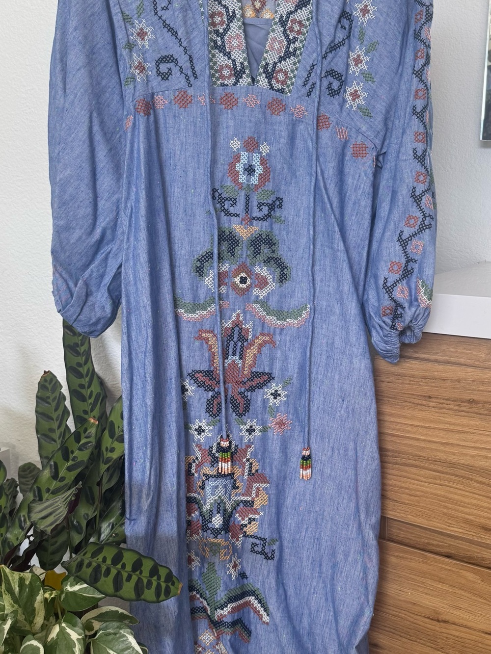 FARM Rio Blue Embroidered Long-Sleeve Midi Dress